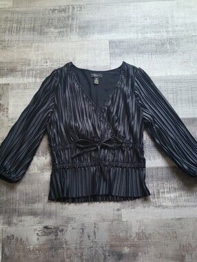 Japna Black Silky Satin Pleated Faux Wrap 3/4 Sleeve Peplum Blouse Top Medium